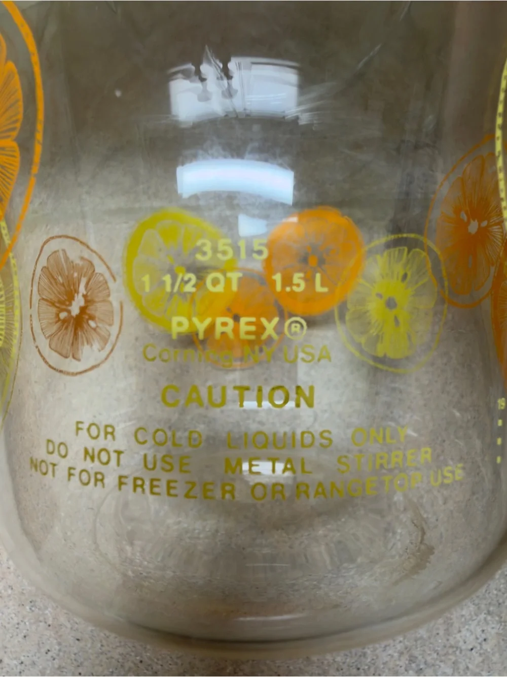 Vintage Pyrex Clear Glass Pitcher with Orange and Yellow Citrus Motif